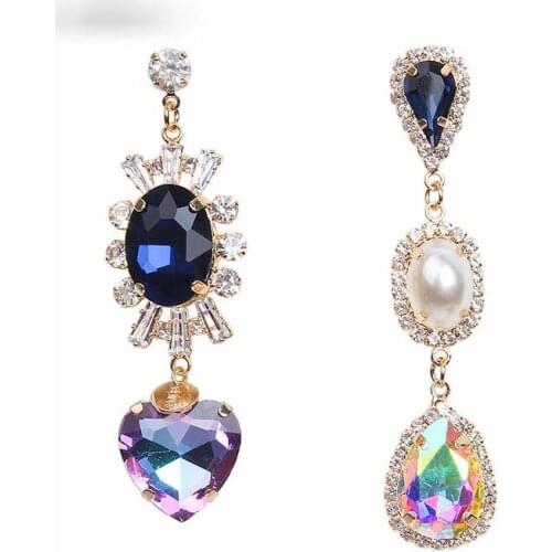 Luxury Baroque Asymmetrical Pearl Heart-shaped Crystal Zircon Long Pendant Earrings for Woman Girl Drop Earrings Jewelry Gift