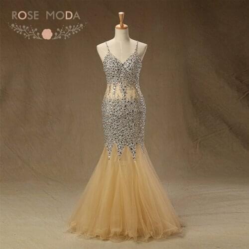 Rose Moda Gold Prom Dress See Through Crystal Beaded Mermaid Prom Dresses Reflective Dresses 2019