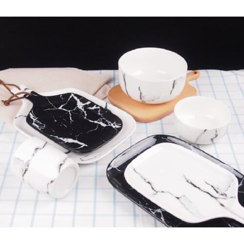 Modern Marble Texture Ceramic Tray with Handle Restaurant Serving Tray Western Food Steak Plates Salad Dish Kitchen Tableware