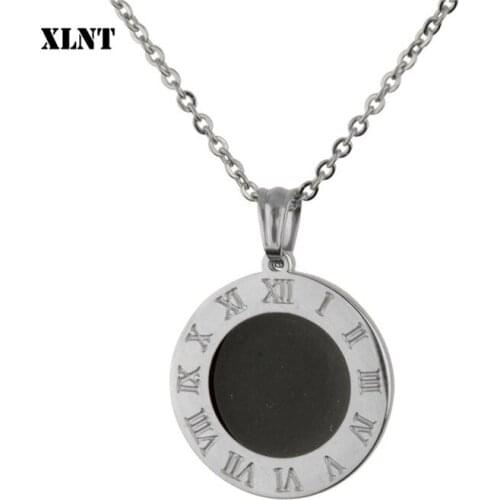 XLNT Roman Numerals Pendant Necklace Titanium Stainless steel Chain Necklace Silver Color Inlaid Enamel Fashion Women Jewelry