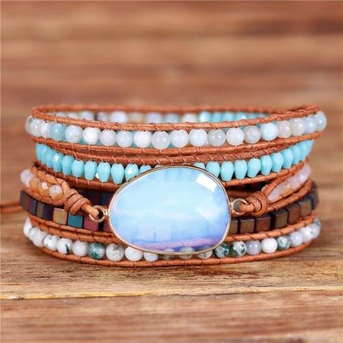 YueTong Opal Natural Stone Beaded Leather Wrap Bracelet Gemstones Beads Bracelet Yoga 5 Wraps Bracelet Jewelry Dropshipping