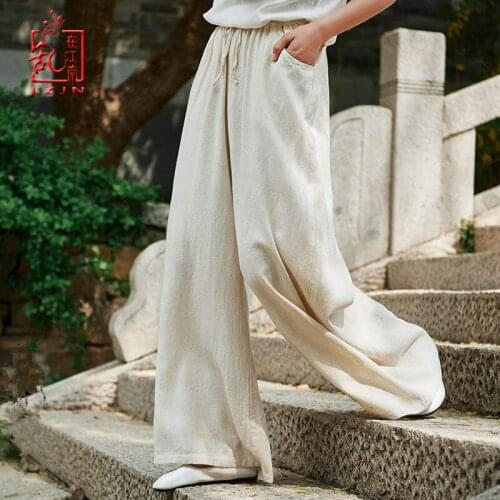 LZJN Summer Solid Color Loose Pants 2019 New Women Vintage Elastic Waistband Cotton Linen Wide Leg Full Length Pants with Pocket