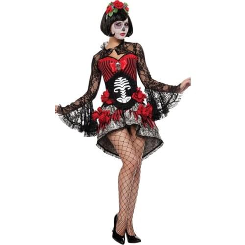 Adult Women Halloween Day Dead Costume Ladies Bridal Long Sleeves Scary Skeleton Skull Joker Cosplay Dress