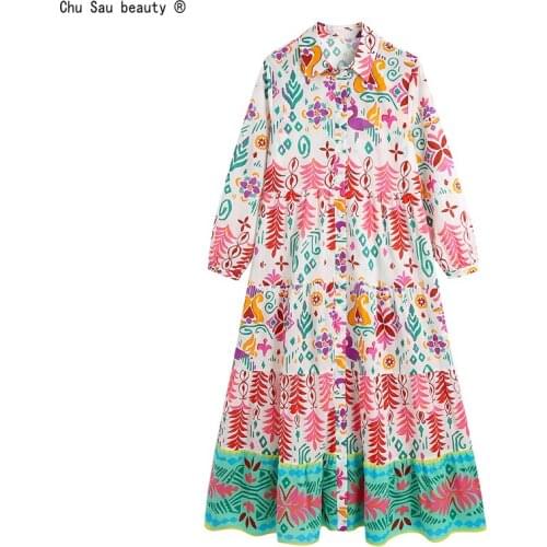 2021 Early Autumn New Lapel Long Sleeve Loose Positioning Print Button Vintage Holiday Style Dress Women Vestido Fashion