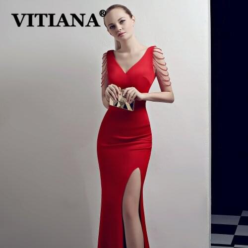 VITIANA Women Tassels Sexy Party Dress Female Beading Sleeveless Elegant Long Dresses Femme Trumpet Banquet Host Night Vestidos