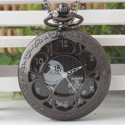 Wholesale 10 PCS black Christmas panic skeleton Hollow out steampunk Good quality Necklace pocket FOB watches PP108