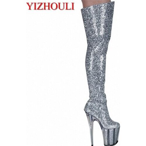 Shining Silver 20CM Ultra High Heels Boots Barreled Platform PU Leather 8 Inch Performance Shoes Sexy Dance Shoes