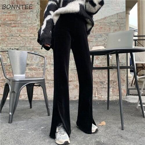 Spring Pants Women Pure Black Basic Chic Flare Popular Pleuche Ins Ladies Trouser Elastic Waist Retro Femme Bottom All-match New