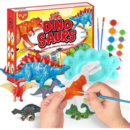 Kids Color Painting Crafts Dinosaur Toys Tyrannosaurus Rex Triceratops Stegosaurus Dino Glitter Drawing Acrylic Paint Palette