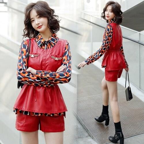 Spring Korea New Style Elegant Women Leisure Three Pieces Set Suit Blouse PU Leather Quality Office Lady suit Streetwear