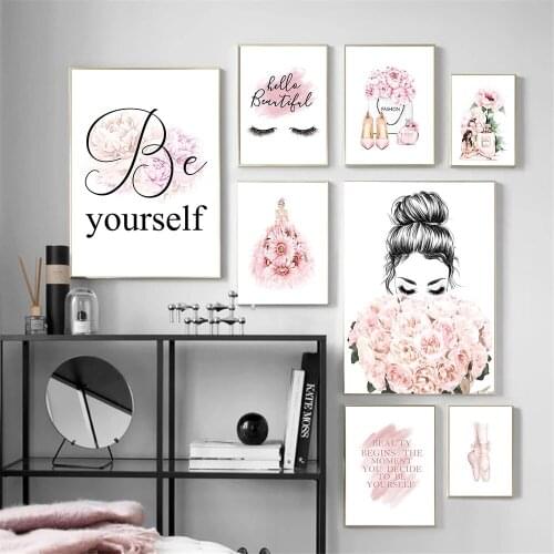 Fashion Perfume Makeup Wall Art Canvas Painting Pink Flower Girl Quotes Poster High-heeled Print Beauty Salon Picture Home Decor