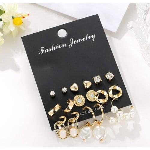 Fashion Golden Metal Geometric Statement Simulated Pearl Stud Earrings Set For Women Girls Rhinestone Crystal Bridal Jewelry