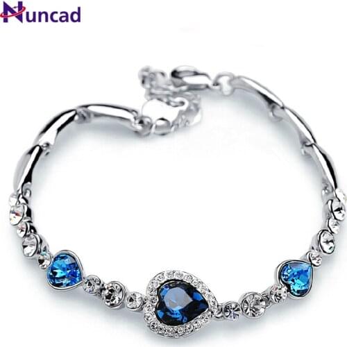Nuncad One Piece Women Girls Ocean Blue Sliver Plated Crystal Heart Bracelet Bracciali Donna Gift Jewelry Bileklik Wholesale