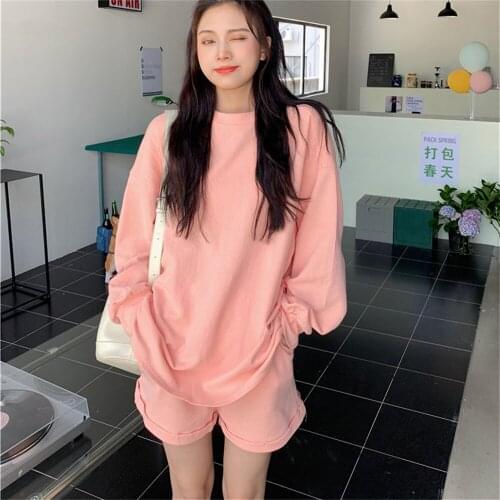 2021 Autumn Sports Two-Piece Sets Casual Suits Chic Solid Oversize Tops Loose OL All Match Mujer Wide Leg Shorts