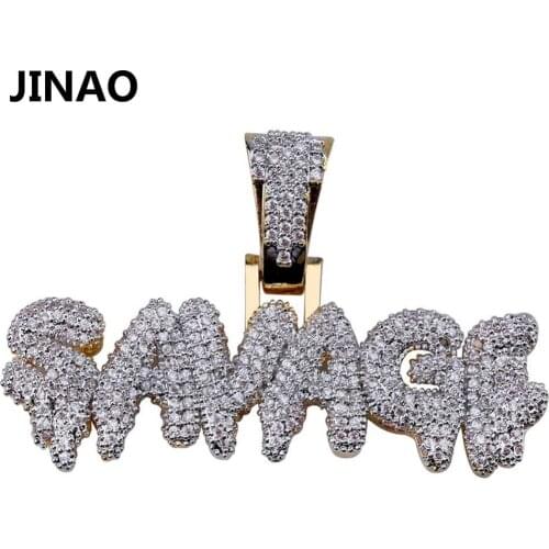JINAO Mens Iced Out SAVAGE Pendant Necklace Gold Color Plated Micro Pave AAA Cubic Zircon Hip Hop Gems Druzy Jewelry Gifts