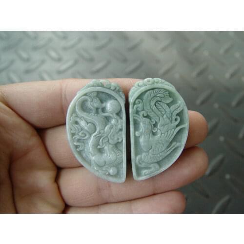 Pair Unique Natural Grade A Jade Jadeite Pendant Chinese Dragon Phoenix