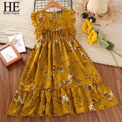HE Hello Enjoy Kids Clothes Baby Girls Summer Dress Teenage Casual Flare Sleeve Ruched Floral Print Infantil Princess Dresses