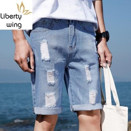 Casual Mens Shorts Summer New Fashion High Street Slim Fit Knee-Length Denim Trousers Straight Hole Ripped Jeans Short Man