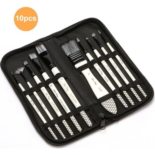 10pcs Paint Brushes Set Kit Brushes for Artist Drawing Acrylic Aquarelle Gouache Oil Painting Nylon Hair Solid Wood Carry Bag
