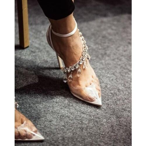 Fashion PVC Pointy Toe Women Luxury Crystal Fringe Pumps Elegant Satin Back Ladies Ankle Buckle High Heels Sexy Wedding Shoes