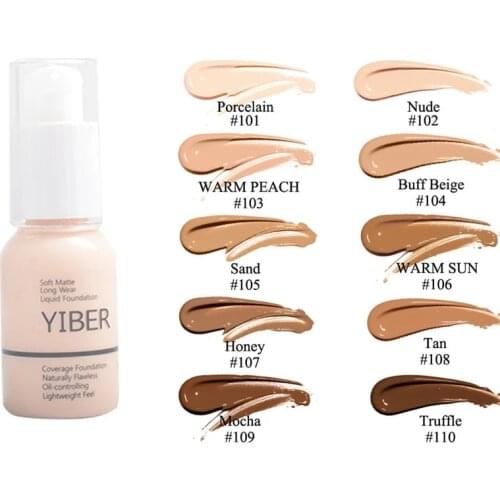 YIBEY 30ml Flawless Matte Liquid Foundation Matte Long Wear Oil Control Concealer Cosmetics Make up Liquid Foundation Cream