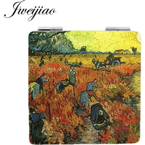 JWEIJIAO Red vineyards Oil photo Beauty Health makeup mirrors Square Folding 1X/2X Magnifying leather pocket mirror ZZ103