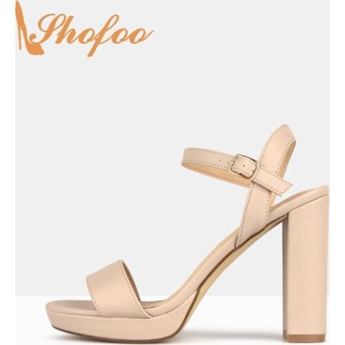Beige High Chunky Heel Platform Sandals Woman Ankle Buckle Strap Large Size 11 15 Soft Leather For Ladies Shoes Elegant Mature