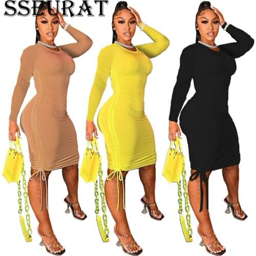 SSEURAT Women Mini Dress Solid Full Sleeve O-neck Draw String Stretchy Skinny Bodycon Dresses Sexy Fashion Vestidos Autumn