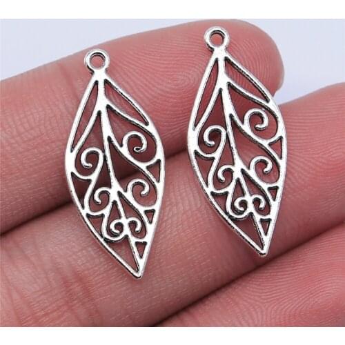 10Pcs 28x12mm Hollow Leaves Charms For Jewelry Making Hand Made Jewelry Findings Antique Silver Color Alloy Charms
