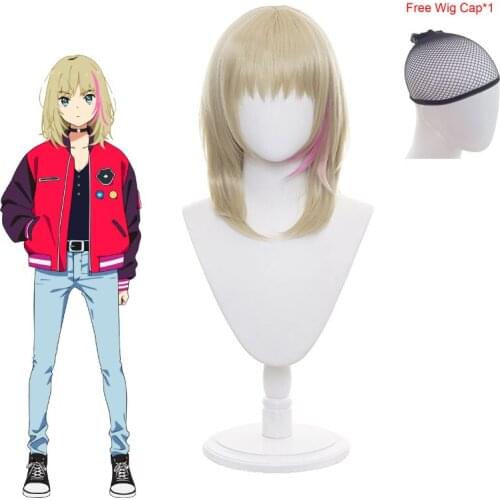 2021 Costumes Wonder Egg Priority Kawai Rika Cosplay Wig Woman Kawai Rika Headgear Golden Yellow Shorts Hair Mixed With Pink