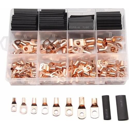 260PCS Assorted Bare Wire Crimp Terminals Copper Lug Ring Battery Wire Connectors Soldering Terminals & Black Shrink Tube