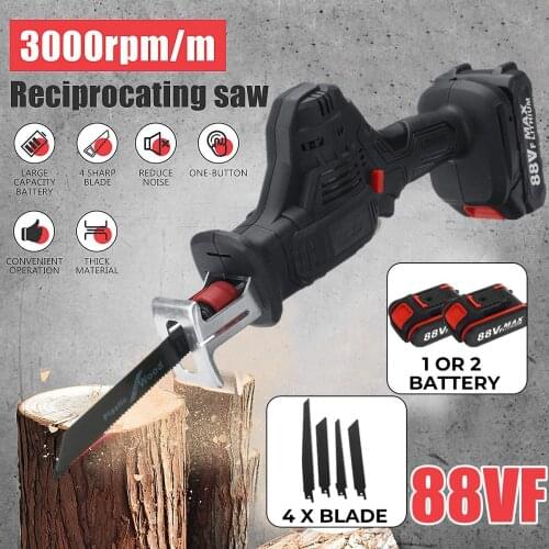 88V Cordless Reciprocating Saw Portable Electric Saw with 4 Blades Kit Metal Woodworking Cutting Machine 2 Lithium Battery