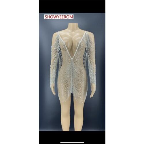 Sparkly Silver Rhinestone Mirror Elastic fabric short Dress Women Birthday Stage play Celebrate Dress Dancer Party Show Dress