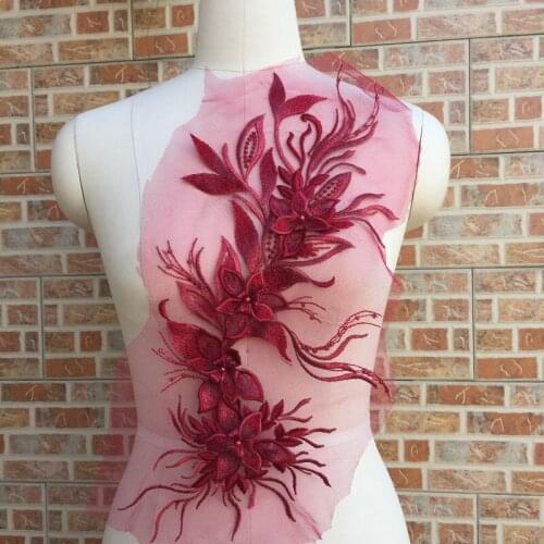 1 Piece 50*20cm Pearl Beaded Large Lace Applique 3D Embroiderey Flower Applique Mesh Lace Sewing DIY Fabric For Dress Cloth