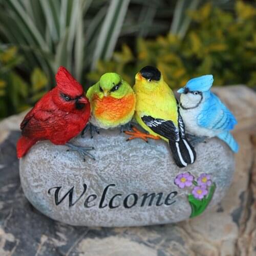 Color Birds Standing On Rack Stone With Welcome Plaques Signs Resin