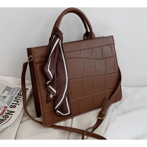 Retro Stone Pattern Big Handbags For Women Unique Design Scarf Tote For A4 Work High Quality PU Leather Shoulder Crossbody Bags