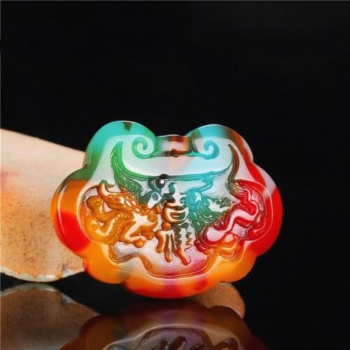 Dragon Phoenix Color Jade Pendant Necklace Chinese Hand-Carved Natural Charm Jewelry Amulet Fashion for Men Women Lucky Gifts