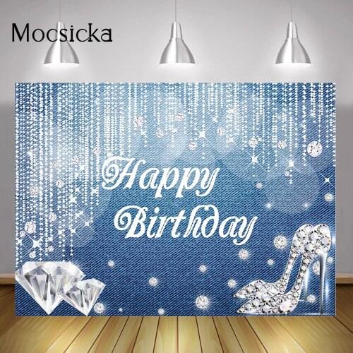 Glitter Diamond Woman Birthday Backdrop Sliver Blue Denim Adult Happy Birthday Background Decoration Shiny High Heels Photocall