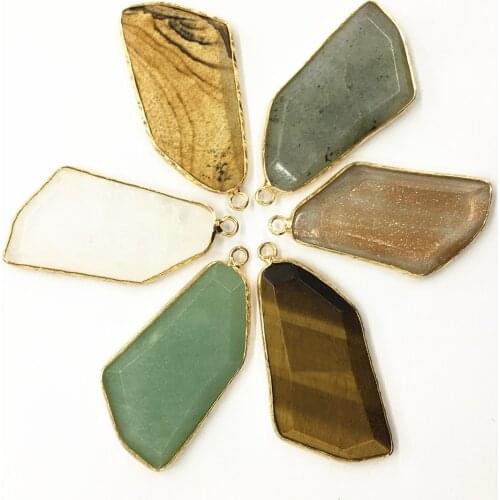 Hot Natural stone gold edging section cut noodles pendants charms Tiger Eye Green Aventurine Picture Moonstone Clear Quartz 5PCS