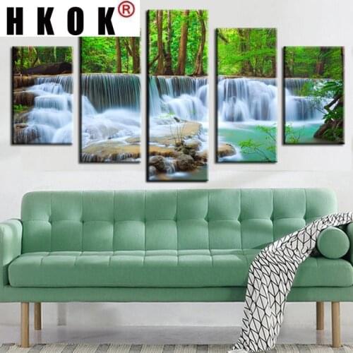 HKOK 5 Panels Canvas Art Waterfall Forest Trees Rocks Modular Wall Picture Canvas Painting for Living Room Cuadros Home Decor
