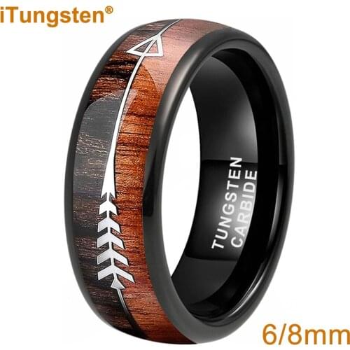 8mm Black Tungsten Carbide Rings Mens Womens Wedding Bands With Koa Wood Arrow Inlay Domed Polished Shiny Comfort Fit
