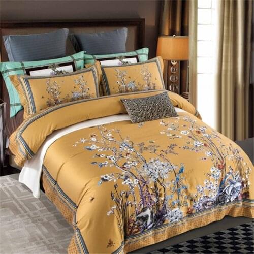 High-quality Egyptian cotton bedding set with silk bird branch printing, large and king-size household bedding, for better sleep