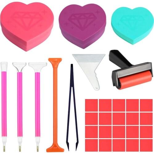 30pcs 5D Diamond Painting Heart shape Point Drill Tray Plate With Accessories Glue Mud Roller Pens Mosaic Embroidery Tool
