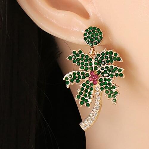 ZHINI 2021 New Beach Vacation Zircon Earrings for Women Simple Green Coconut Tree Dangle Drop Earring Statement Jewelry Gift