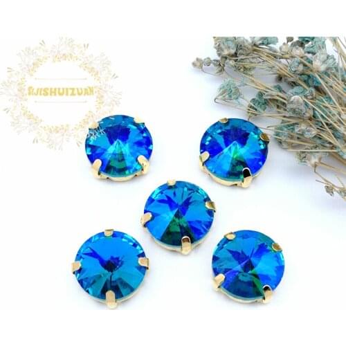 New product Satellite Turquoise blue AB Crystal Glass Sewing Rhinestones with gold Claw DIY Wedding Dresses