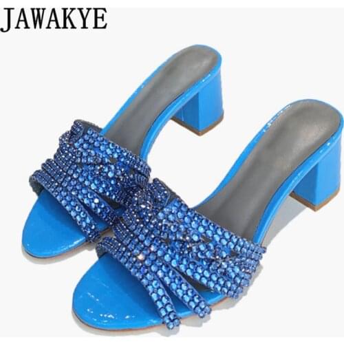 Luxury Brand Diamond Chunky Heels Woman Sides Shiny Crystal Open Toe Runway Mules High Quality Rhinestone Party Sandals Femmes