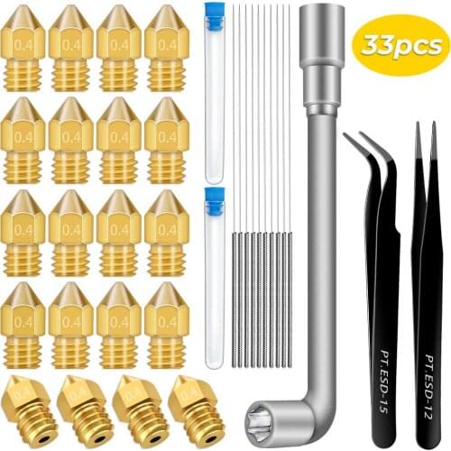 20pcs 0.4mm 3D Printer Nozzles +10pcs Stainless Steel Nozzle Cleaning Needles +2pcs Precision Tweezers +1pc Spanner Nozzle