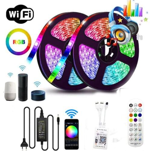 RGB LED Strip 5050 2835 Flexible Tape Ribbon microphone 5m 10m 15m 20m LED Strip Light RGB + Wifi Music Controller + 12V Adapter