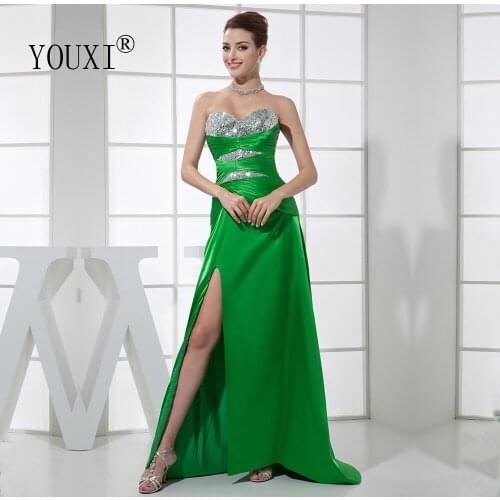 Green Prom Dresses Long 2020 Sexy Sweetheart Split Elastic Satin Sequin Pleats Zipper Back Vestido de Festa