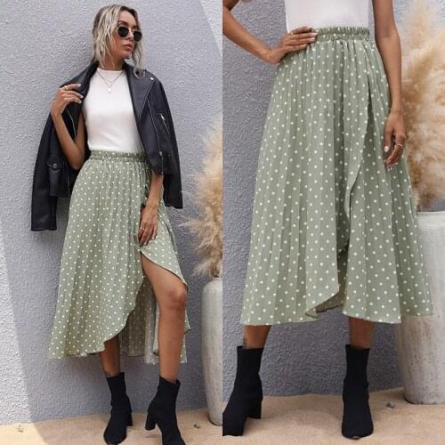 2021 Womens Summer Casual Polka Dot Print Slim Slit Elastic Skirt